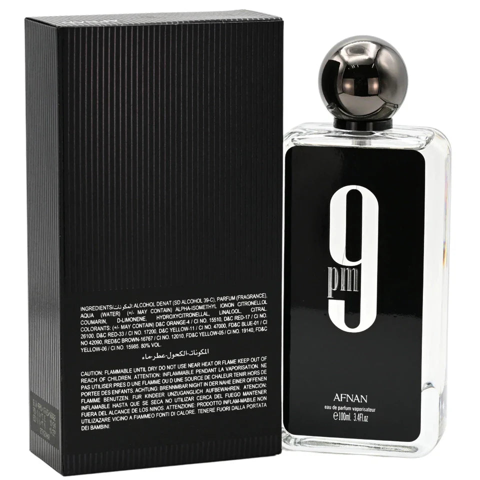 Afnan 9pm perfume bottle and packaging on a white background