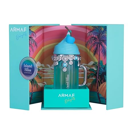 Armaf Island Bliss perfume bottle with decorative cap in a colorful box