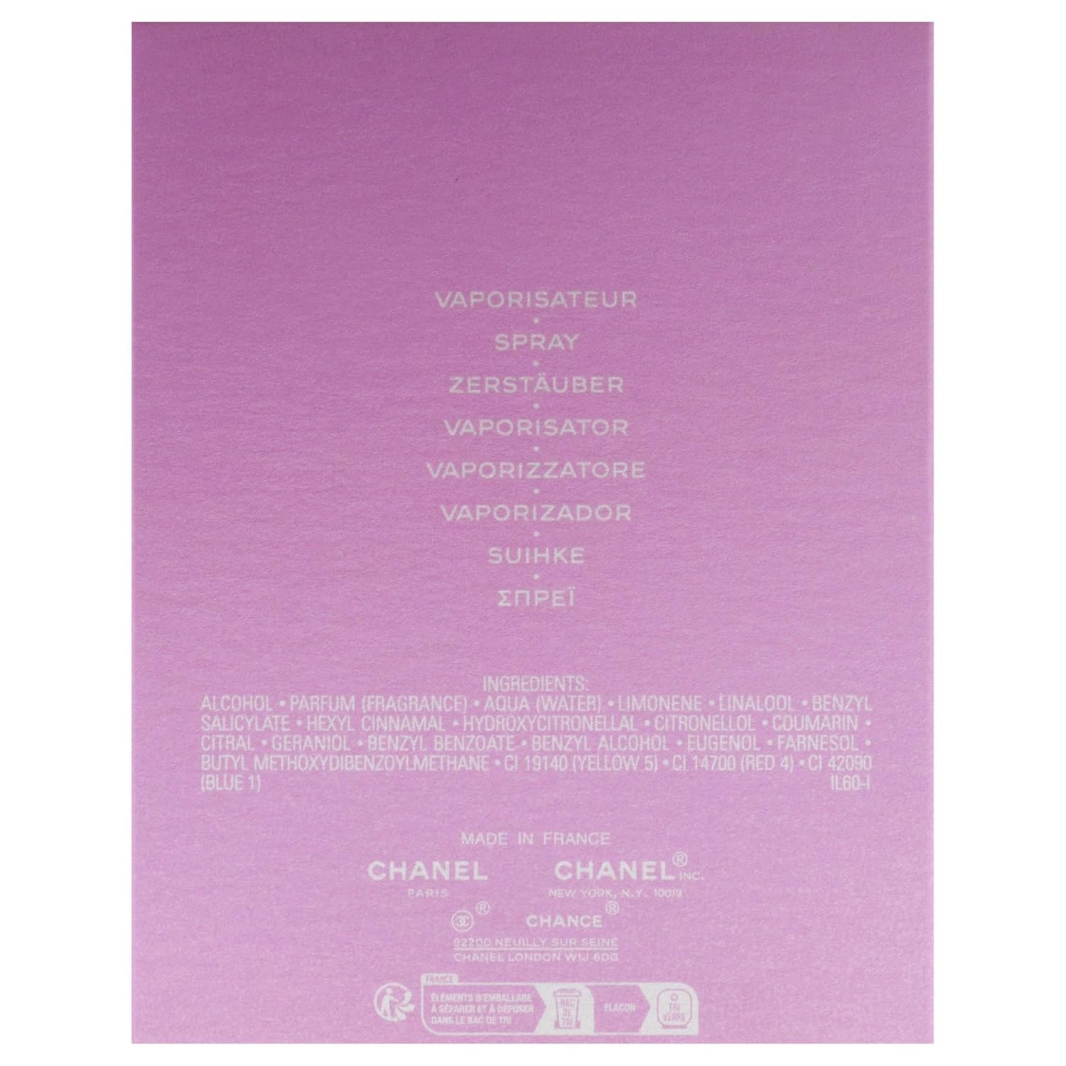 Back label of a Chanel product with text and branding on a purple background