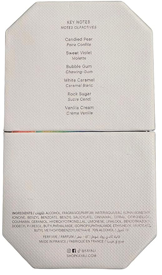 Back of a perfume packaging with ingredient list and brand name