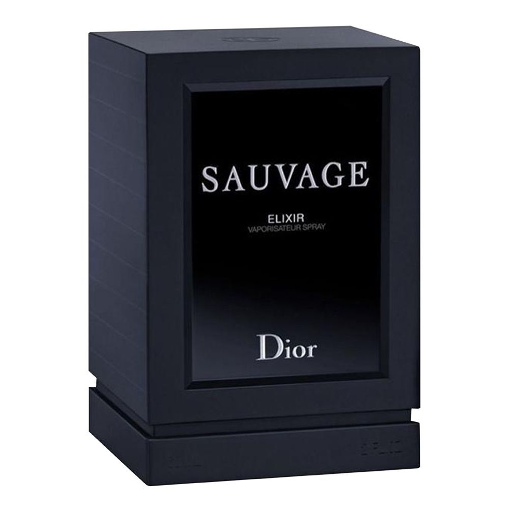 Black Dior Sauvage Elixir perfume box on a white background