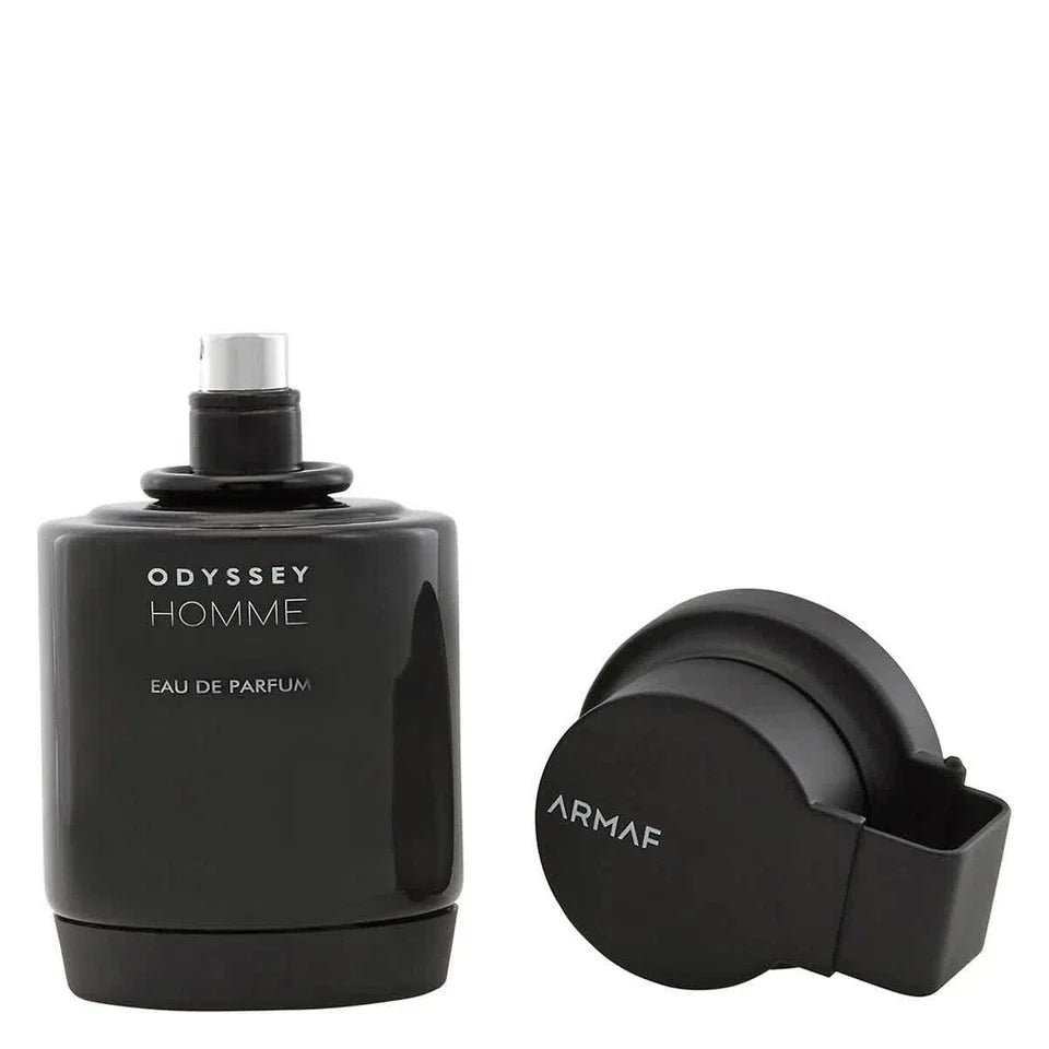 Black Odyssey Homme Eau de Parfum bottle with cap on a white background