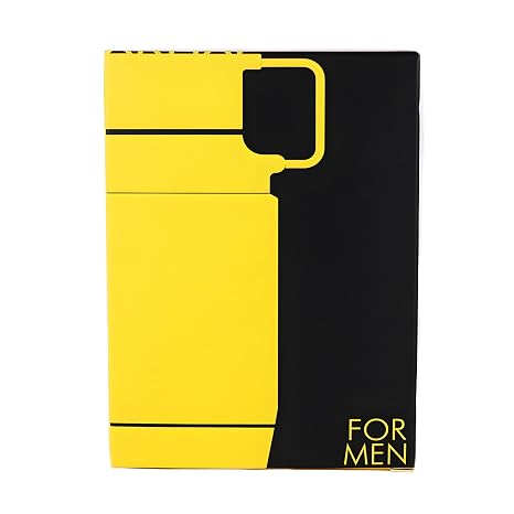 Black and yellow packaging for men's products on a white background