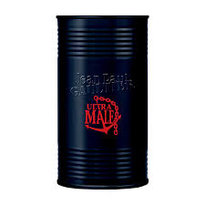Black metal canister with red text on a white background