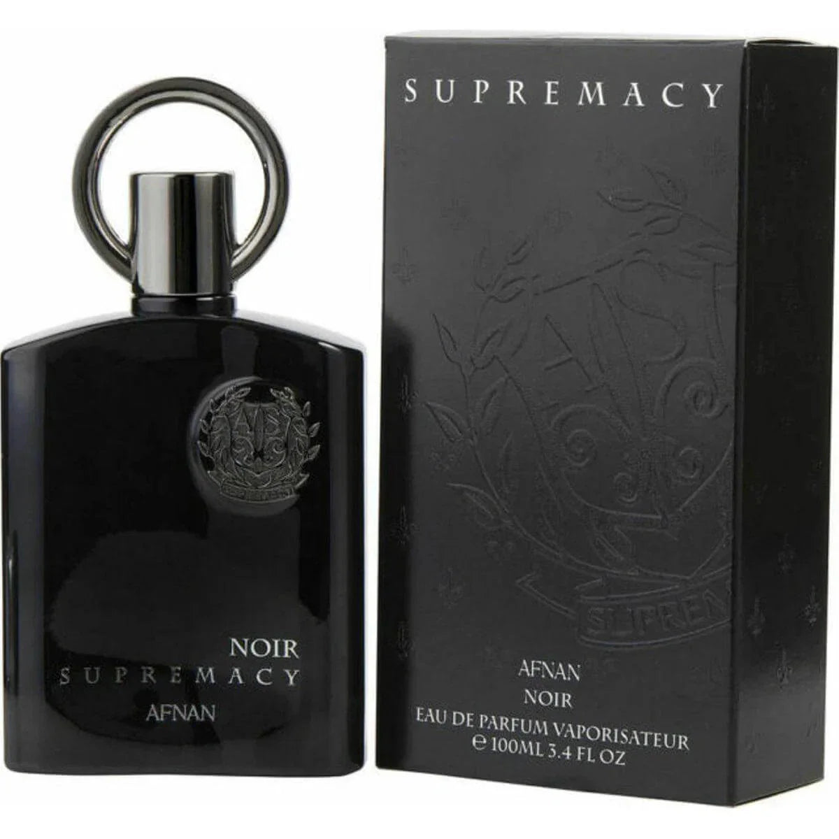 Black perfume bottle and packaging of Supremacy Noir by Afnan on a white background