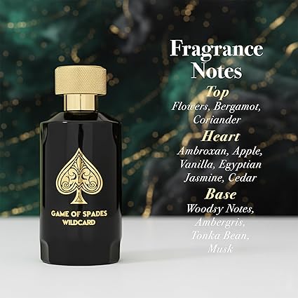 Black perfume bottle with gold cap and 'Game of Spades Wildcard' label on a white surface with a blurred green and gold background.