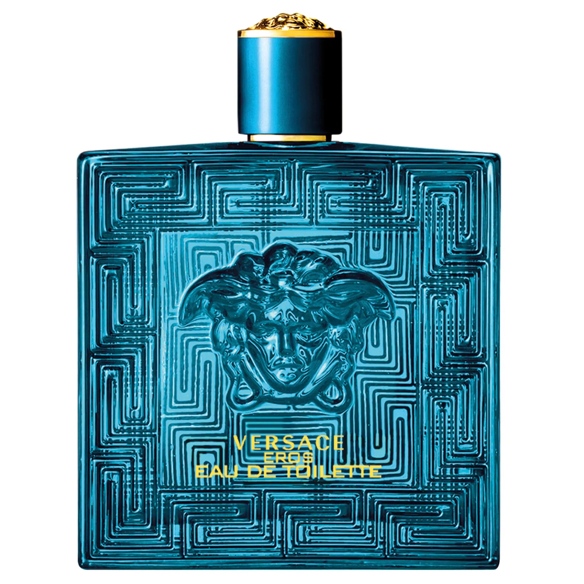 Blue Versace Eau de Toilette bottle with intricate design and gold cap on a white background