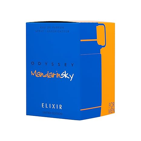 Blue and orange box of Odyssey Mandarinsky Elixir for men on a white background