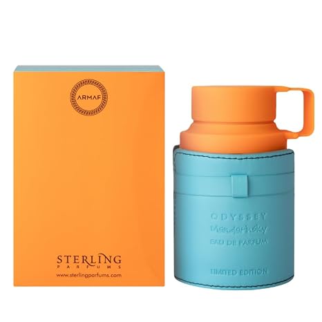Blue and orange perfume bottle with 'Sterling Parfums' packaging on a white background