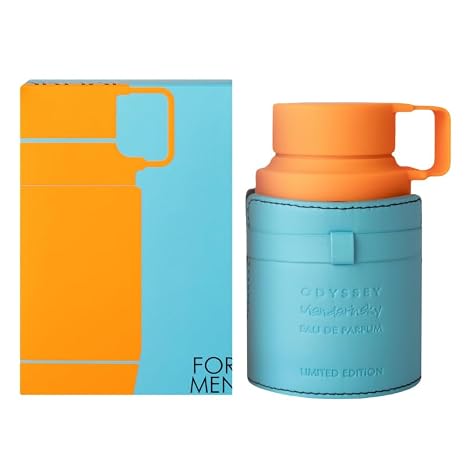 Blue and orange perfume bottle with packaging on a white background
