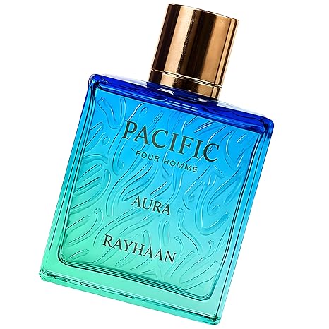 Blue perfume bottle with gold cap labeled 'Pacific Pour Homme Aura Rayhaan' on a white background