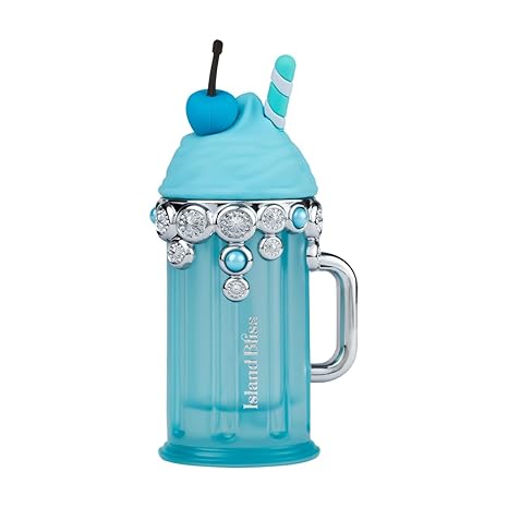 Blue glass mug with decorative elements on a white background