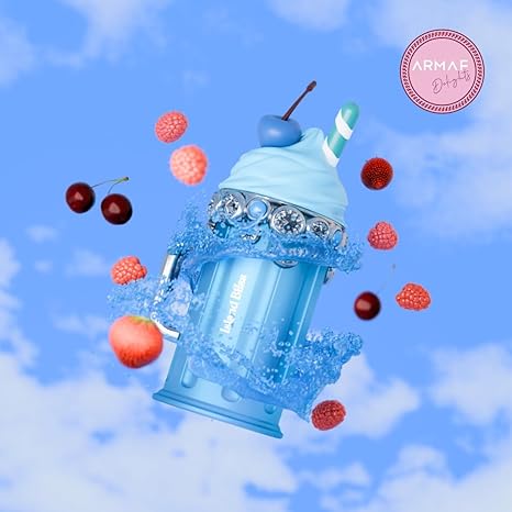 Blue ice cream cone with berries and a cherry on top against a blue sky background, featuring the Armaf brand.