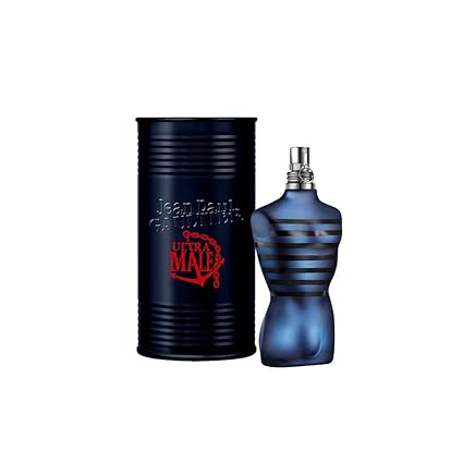 Blue perfume bottle and black cylindrical container with red logo on a white background