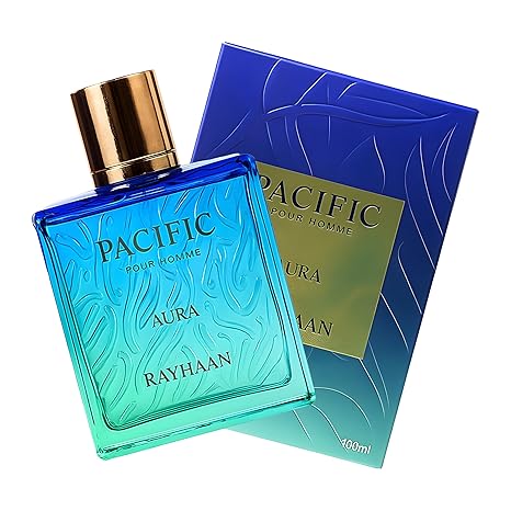 Blue perfume bottle labeled 'Pacific Aura' by Rayhaan with its packaging on a white background
