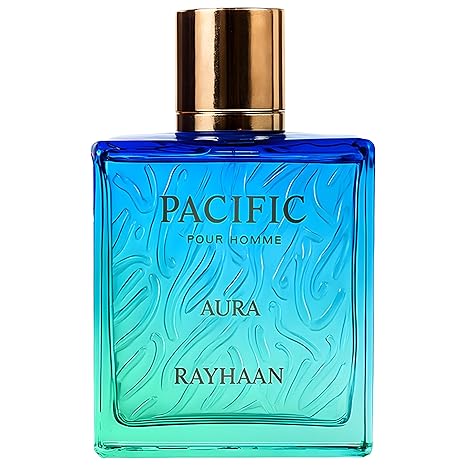 Blue perfume bottle with gold cap labeled 'Pacific Pour Homme Aura Rayhaan' on a white background