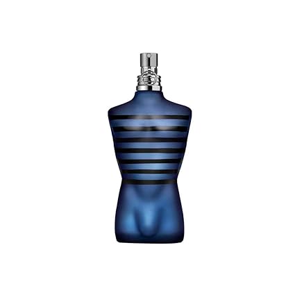Blue striped perfume bottle on a white background