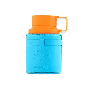 Blue thermos with orange lid on a white background