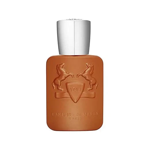 Brown perfume bottle with silver cap on a white background