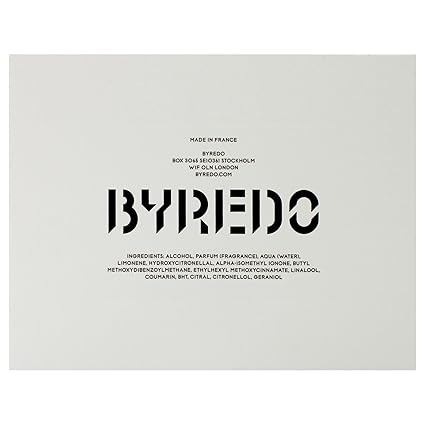 Byredo product packaging with brand name and ingredients listed on a white background