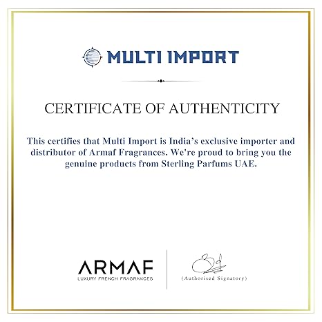 Certificate of Authenticity for Armaf fragrances with Multi Import branding.