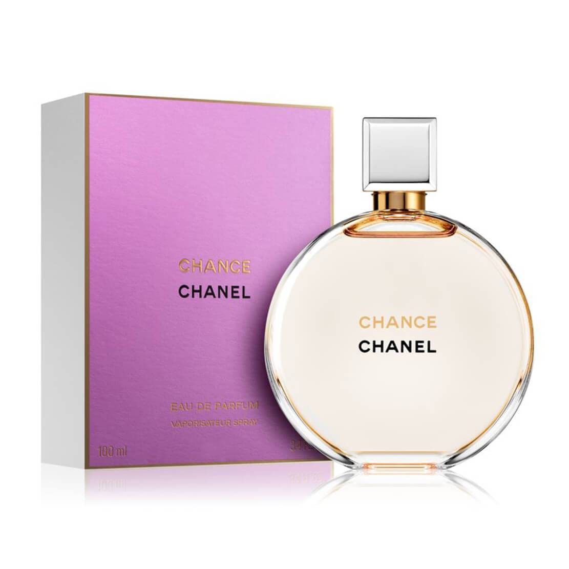 Chanel Chance perfume bottle and packaging on a white background