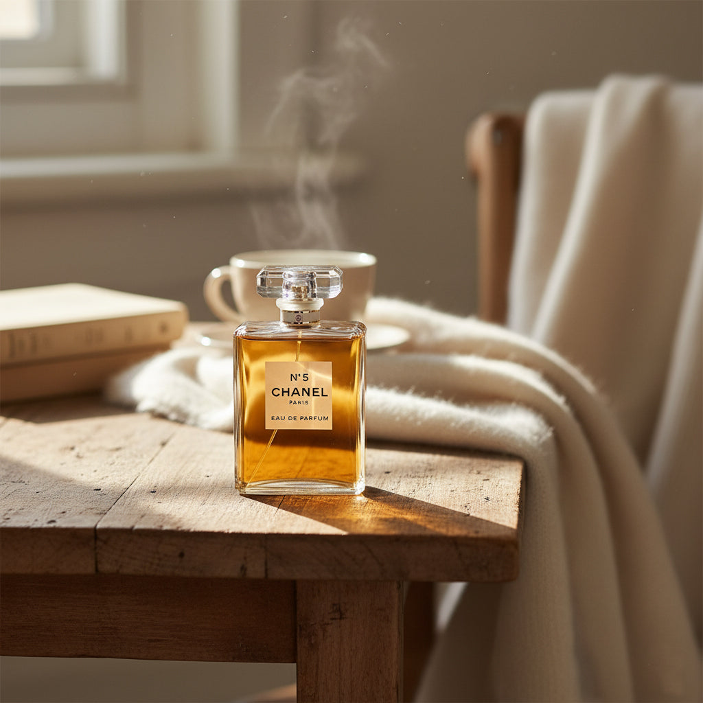 Chanel No. 5 perfume bottle on a wooden table with a cup and books in the background.