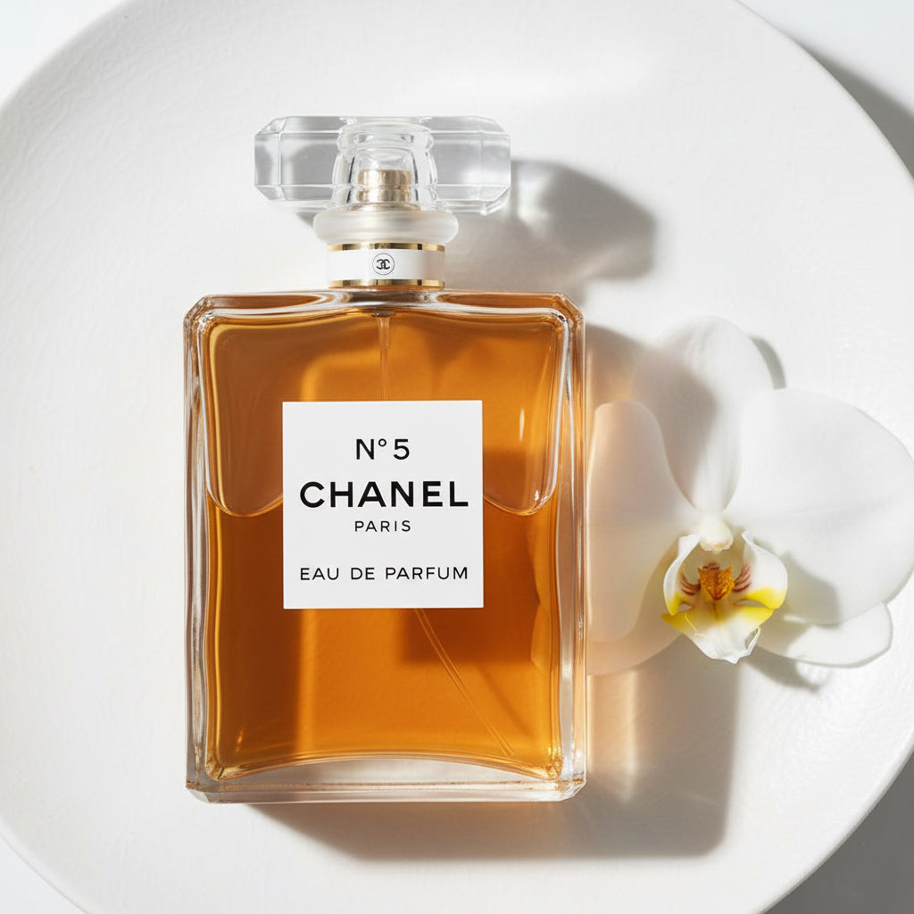 Chanel No. 5 perfume bottle with a white orchid on a white background