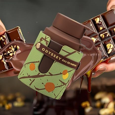 Chocolate bar with a 'Odyssey' perfume case on a dark background