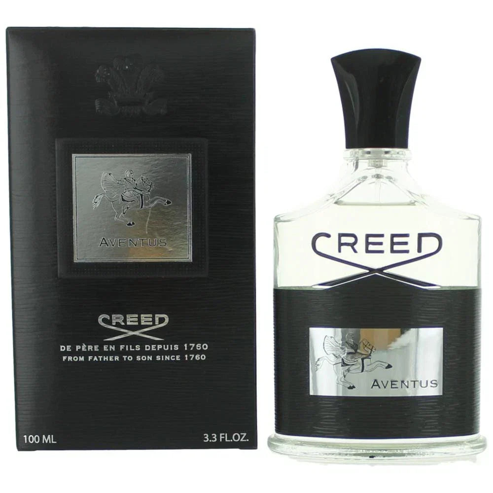 Creed Aventus perfume bottle and packaging on a white background