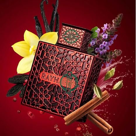 Decorative box with 'RAYH' branding surrounded by vanilla beans, flowers, and cinnamon sticks on a red background.