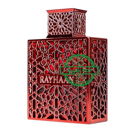 Decorative red perfume bottle with intricate patterns on a white background