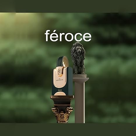 Ferroce bottle with lion statue on a green background