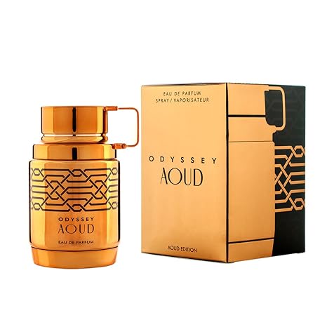 Gold Odyssey Aoud perfume bottle and packaging on a white background