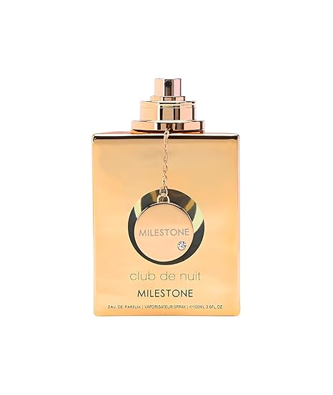 Gold perfume bottle labeled 'Milestone Club de Nuit' on a white background