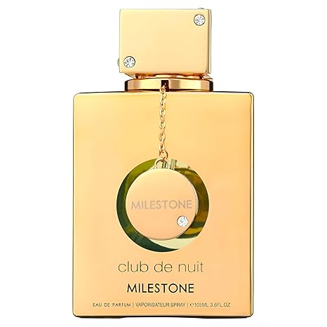 Gold perfume bottle labeled 'Milestone Club de Nuit' on a white background
