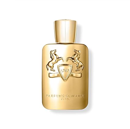 Gold perfume bottle with brand logo on a white background