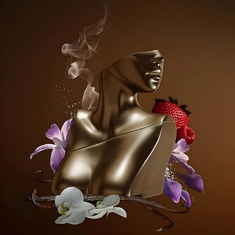 Gold perfume bottle with flowers and a strawberry on a brown background