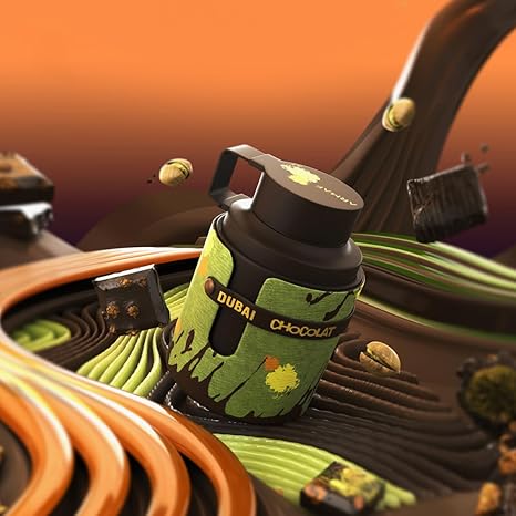 Green and black coffee cup with 'Dubai Chocolat' branding on a chocolate background