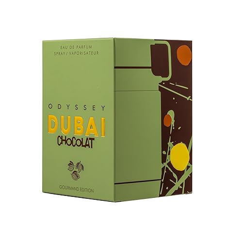 Green box of Odyssey Dubai Chocolat perfume on a white background