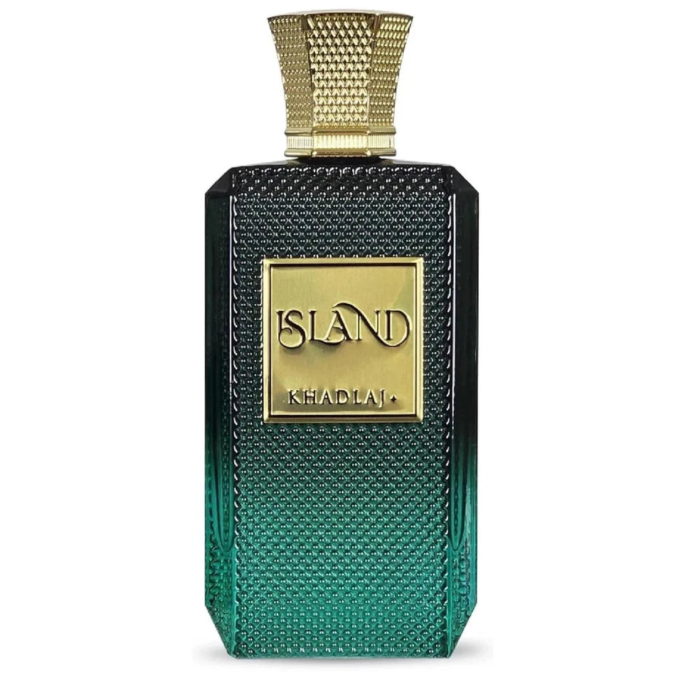 Green perfume bottle with gold cap and 'Island' branding on a white background