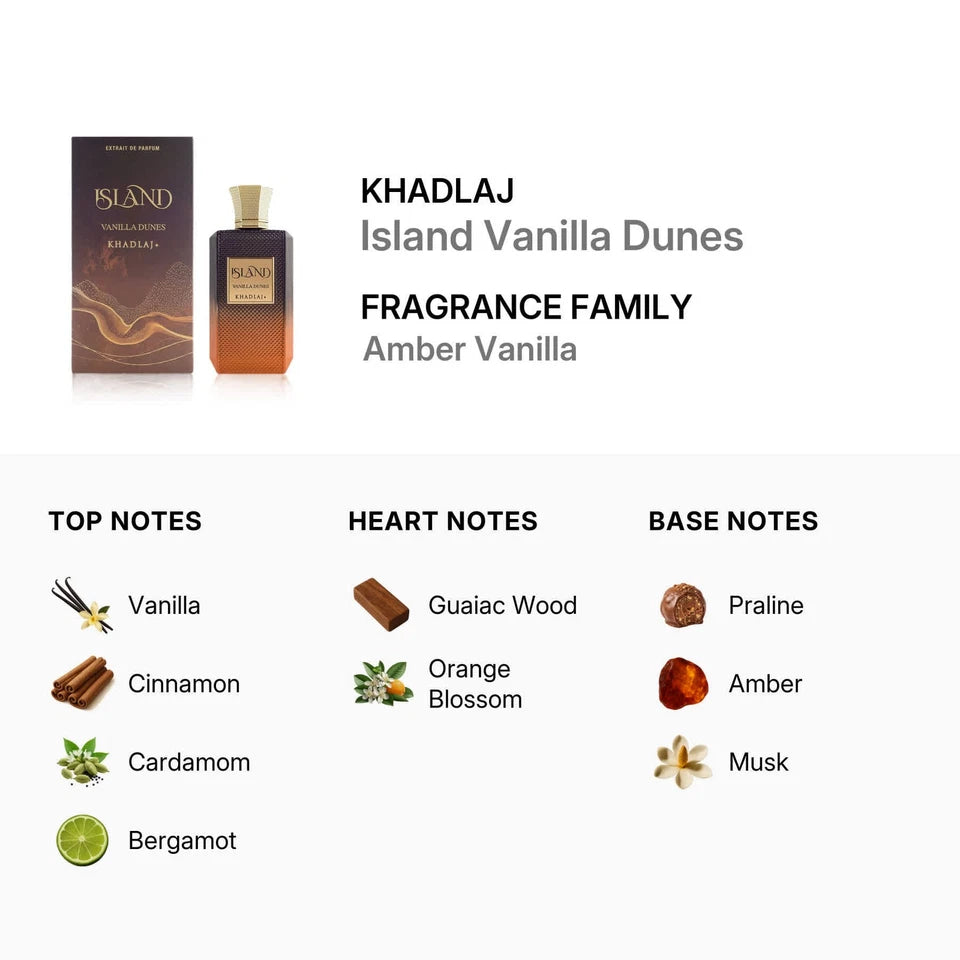 Island Vanilla Dunes fragrance with product and description on a white background