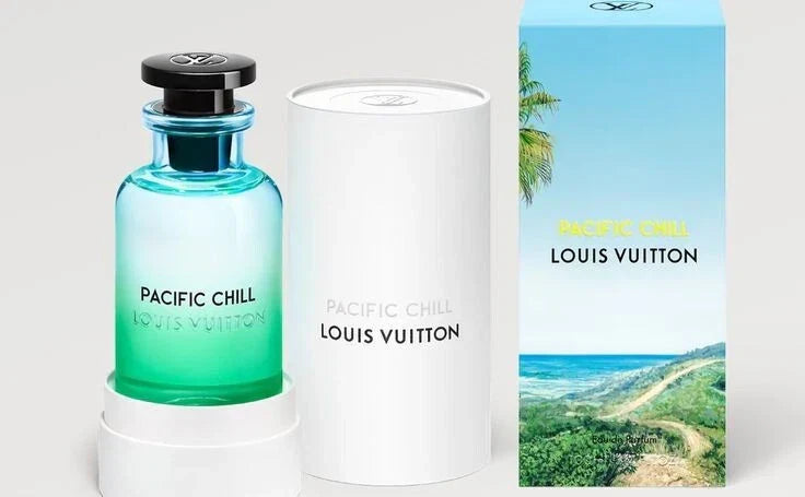 Louis Vuitton Pacific Chill perfume bottle and packaging with a scenic image on the box.