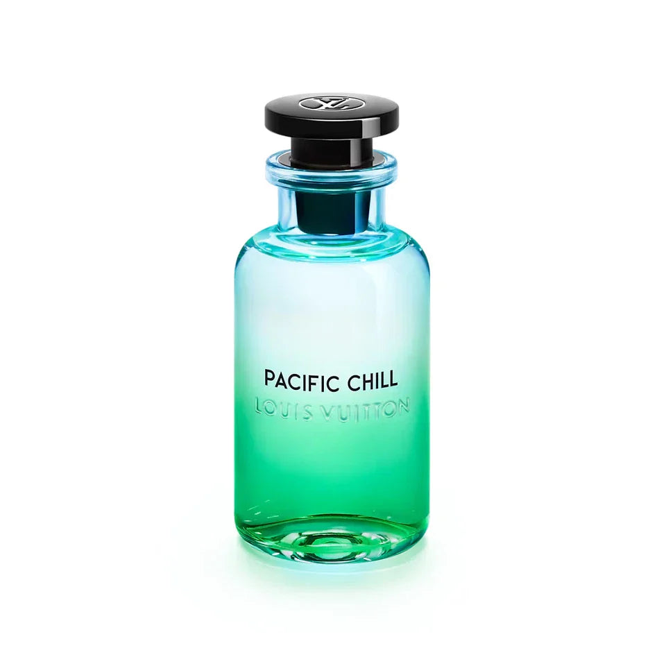 Louis Vuitton Pacific Chill perfume bottle with gradient blue to green design on a white background