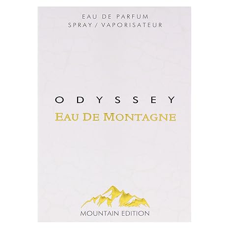 Odyssey Eau De Montagne perfume packaging with mountain design on a white background