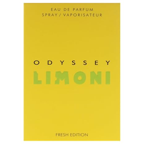 Odyssey Limoni perfume spray packaging with yellow background and black text