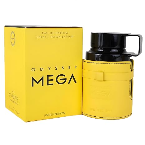 Odyssey Mega perfume bottle with yellow packaging on a white background