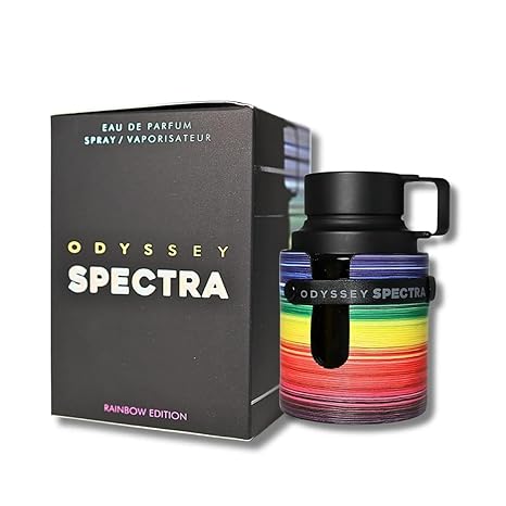 Odyssey Spectra perfume bottle with rainbow design and packaging on a white background