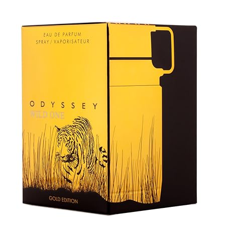 Odyssey Wild One Gold Edition perfume packaging with tiger illustration on a white background