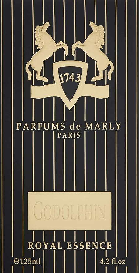 Parfums de Marly Godolphin bottle with gold horses and text on a black background